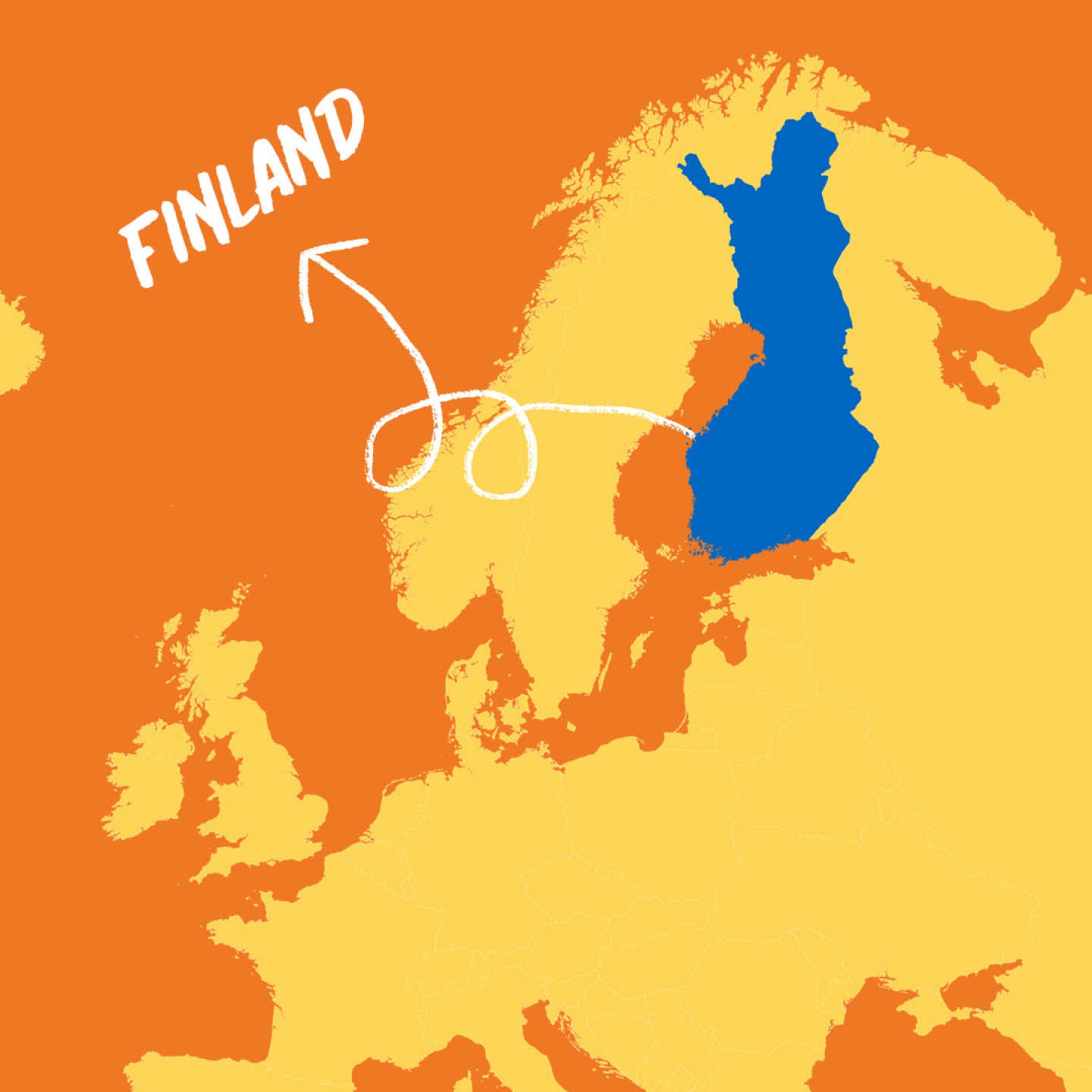 Orange and yellow map depicting the northern part of Europe. The whole of Finland is highlighted in blue. A hand-drawn arrow points to it and leads to white text that says Finland.